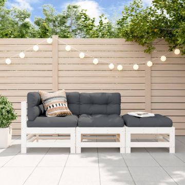 Set mobilier de grădină cu perne, 3 piese, alb, lemn masiv