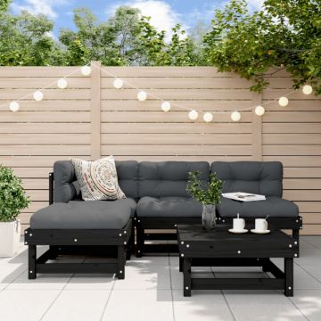 Set mobilier de grădină cu perne, 5 piese, negru, lemn masiv
