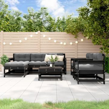 Set mobilier de grădină cu perne, 7 piese, negru, lemn masiv