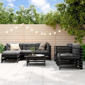 Set mobilier de grădină cu perne, 7 piese, negru, lemn masiv