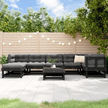 Set mobilier de grădină cu perne, 8 piese, negru, lemn masiv