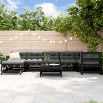 Set mobilier de grădină cu perne, 8 piese, negru, lemn masiv