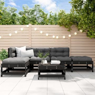 Set mobilier grădină cu perne, 6 piese, negru, lemn masiv