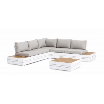 Set mobilier modular pentru gradina / terasa, Osten Gri / Natural / Alb, coltar 5 locuri + masa de cafea