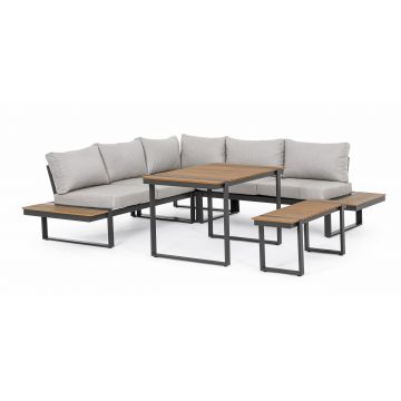 Set mobilier modular pentru gradina / terasa, Sven Gri / Natural / Antracit, coltar 5 locuri + masa + banca
