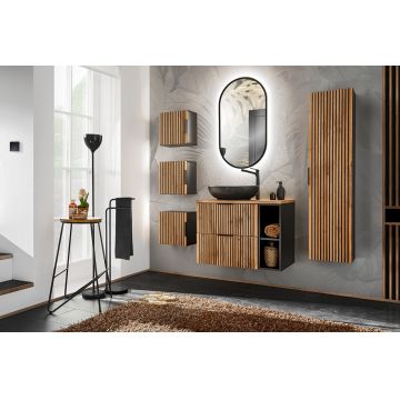 Set Mobilier pentru baie, din pal si MDF, 9 piese, 80 cm, Xilo Stejar Wotan / Negru