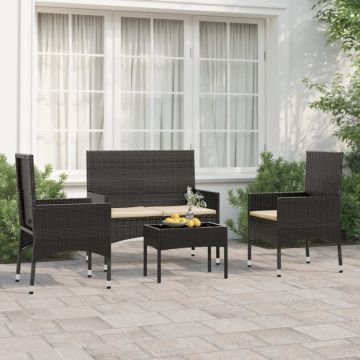 Set mobilier relaxare grădină 4 piese cu perne poliratan negru