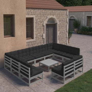 Set șezlonguri grădină cu perne, 10 piese, gri, lemn masiv pin