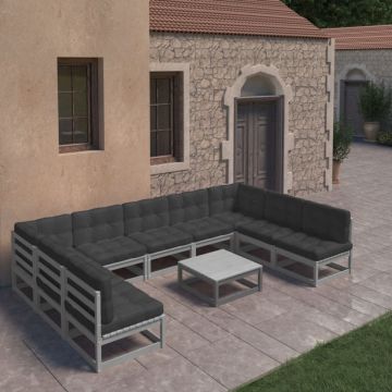 Set șezlonguri grădină cu perne, 10 piese, gri, lemn masiv pin