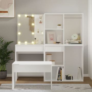 Set măsuță de toaletă cu LED, alb, lemn prelucrat