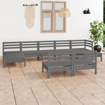 Set mobilier de grădină, 9 piese, gri, lemn masiv de pin