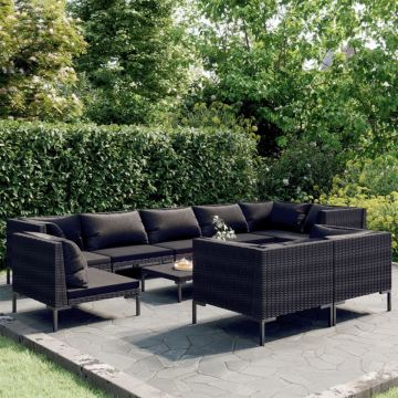Set mobilier de grădină cu perne, 10 piese gri închis poliratan