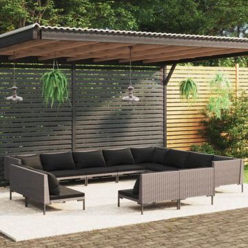 Set mobilier de grădină cu perne 12 piese gri închis poliratan