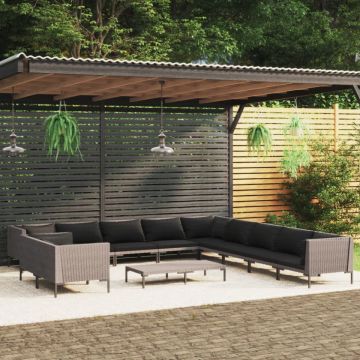 Set mobilier de grădină cu perne,12 piese,gri închis, poliratan