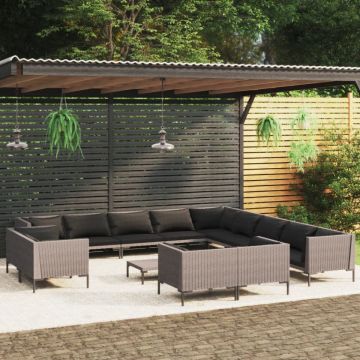 Set mobilier de grădină cu perne 14 piese gri închis poliratan