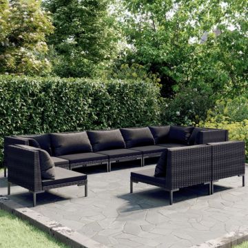 Set mobilier de grădină cu perne 9 piese gri închis poliratan