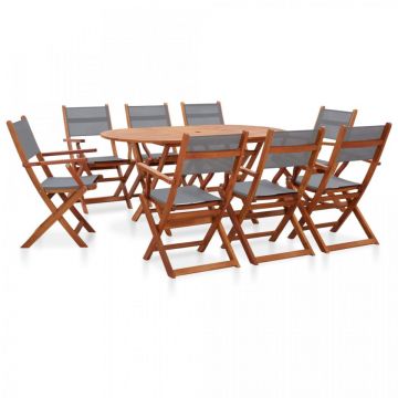 Set mobilier exterior 9 piese gri lemn masiv eucalipt/textilenă