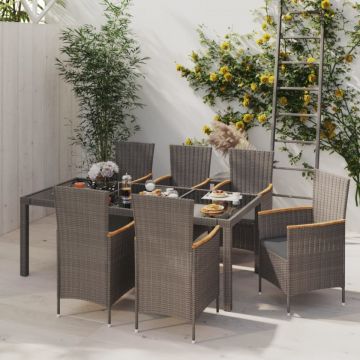 Set mobilier exterior cu perne, 7 piese, negru/gri, poliratan