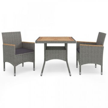 Set mobilier grădină, 3 piese, gri, poliratan și lemn acacia