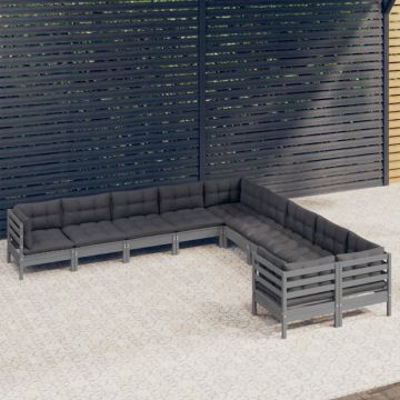 Set mobilier grădină cu perne, 10 piese, gri, lemn de pin