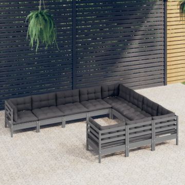 Set mobilier grădină cu perne, 10 piese, gri, lemn de pin