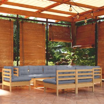 Set mobilier grădină cu perne, 10 piese, gri, lemn masiv pin