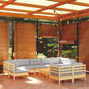 Set mobilier grădină cu perne, 10 piese, gri, lemn masiv pin