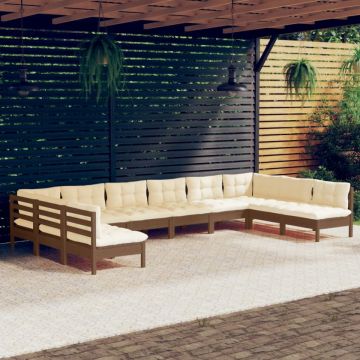 Set mobilier grădină cu perne, 10 piese, maro miere, lemn pin