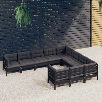 Set mobilier grădină cu perne, 10 piese, negru, lemn de pin