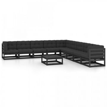 Set mobilier grădină cu perne, 10 piese, negru, lemn masiv pin