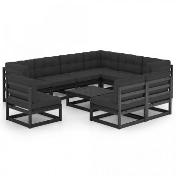 Set mobilier grădină cu perne, 10 piese, negru, lemn masiv pin