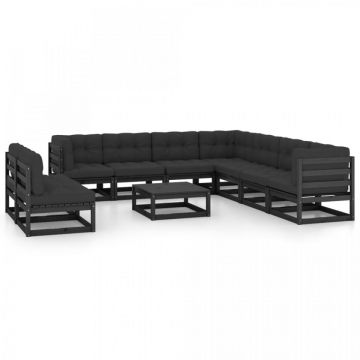 Set mobilier grădină cu perne, 10 piese, negru, lemn masiv pin