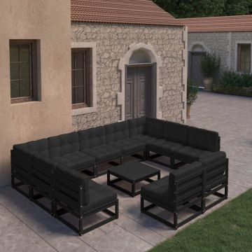 Set mobilier grădină cu perne, 10 piese, negru, lemn masiv pin