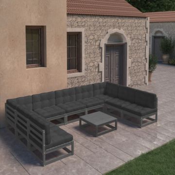 Set mobilier grădină cu perne, 10 piese, negru, lemn masiv pin
