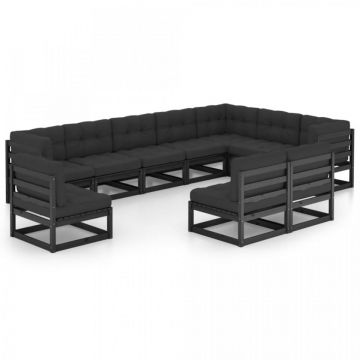 Set mobilier grădină cu perne, 10 piese, negru, lemn masiv pin
