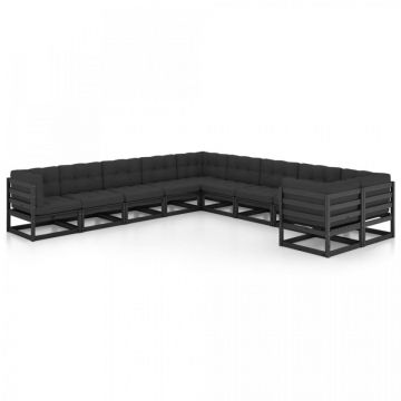 Set mobilier grădină cu perne, 10 piese, negru, lemn masiv pin