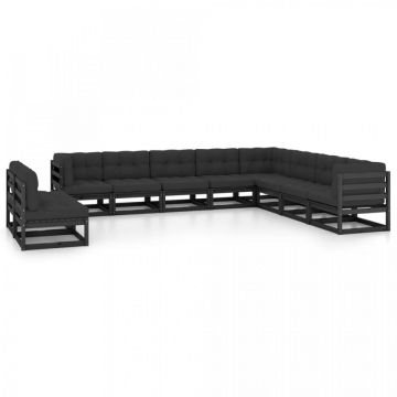 Set mobilier grădină cu perne, 10 piese, negru, lemn masiv pin