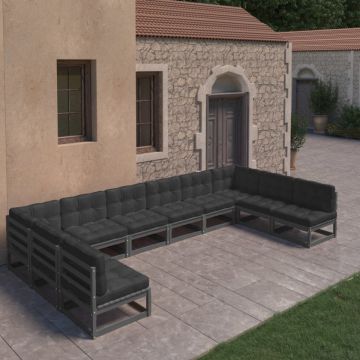 Set mobilier grădină cu perne, 10 piese, negru, lemn masiv pin