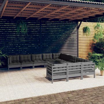 Set mobilier grădină cu perne, 11 piese, gri, lemn de pin