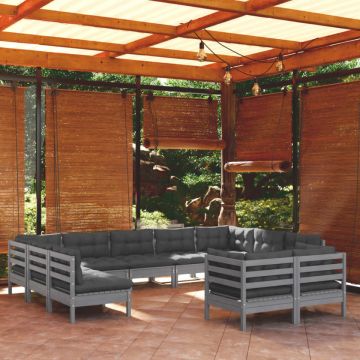 Set mobilier grădină cu perne, 11 piese, gri, lemn masiv de pin
