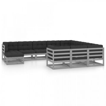 Set mobilier grădină cu perne, 11 piese, gri, lemn masiv de pin