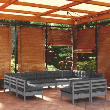 Set mobilier grădină cu perne, 11 piese, gri, lemn masiv pin