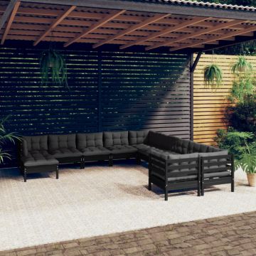 Set mobilier grădină cu perne, 11 piese, negru, lemn de pin