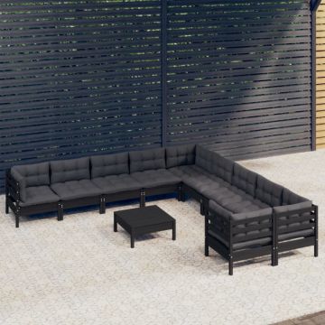Set mobilier grădină cu perne, 11 piese, negru, lemn de pin