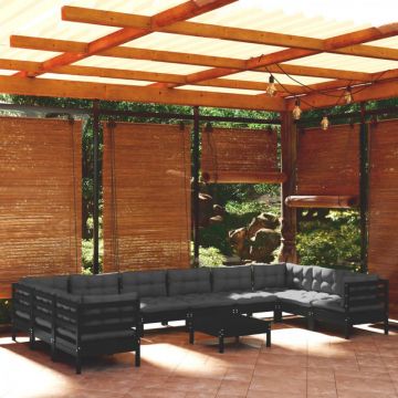 Set mobilier grădină cu perne, 11 piese, negru, lemn de pin