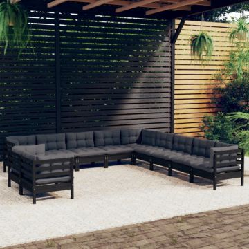 Set mobilier grădină cu perne, 11 piese, negru, lemn masiv pin