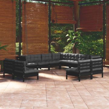 Set mobilier grădină cu perne, 11 piese, negru, lemn masiv pin