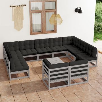 Set mobilier grădină cu perne, 12 piese, gri, lemn masiv de pin