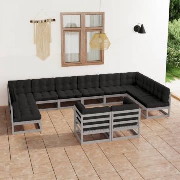 Set mobilier grădină cu perne, 12 piese, gri, lemn masiv de pin