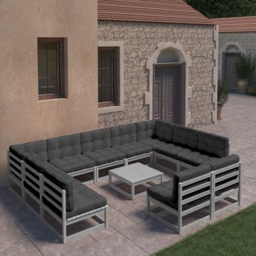 Set mobilier grădină cu perne, 12 piese, gri, lemn masiv de pin